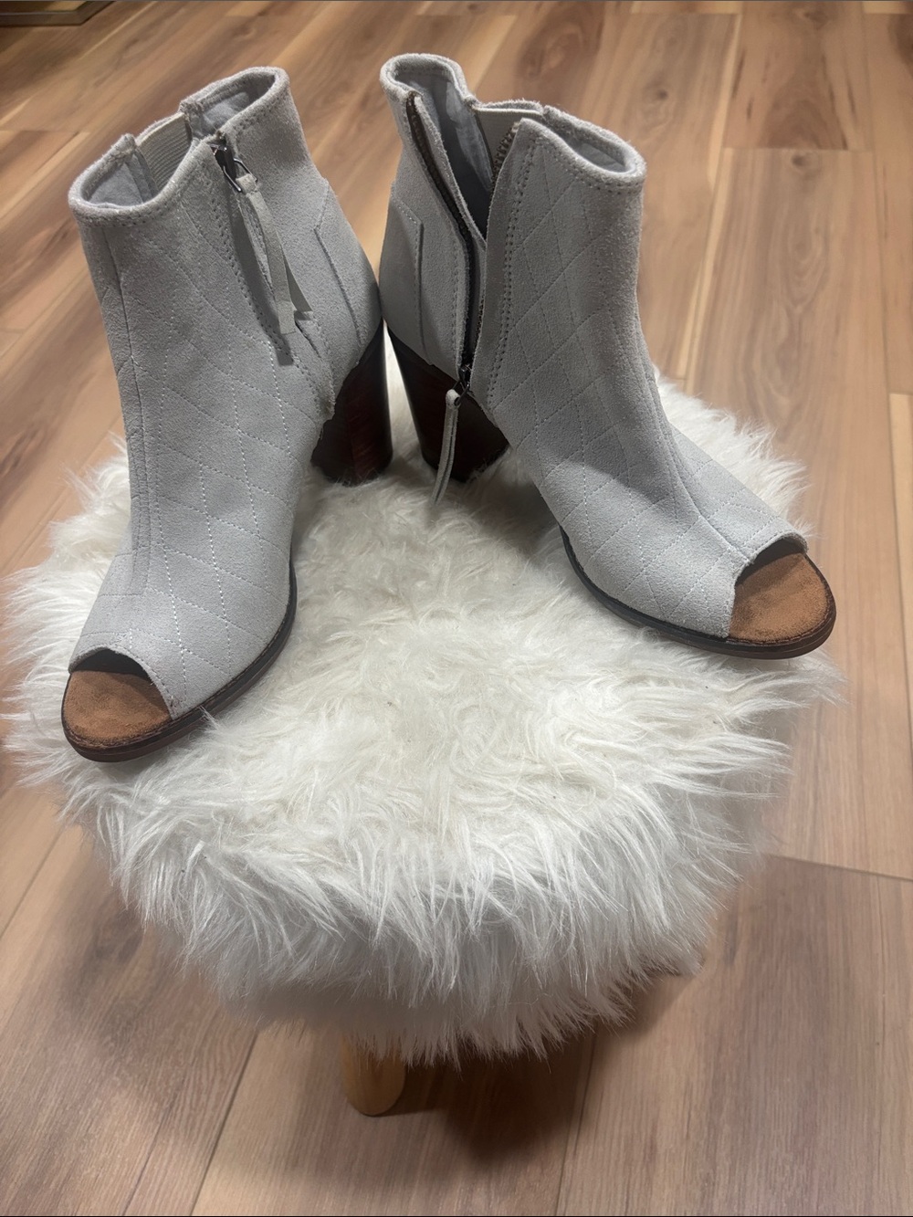 Toms Light Gray Quilted Peep-Toe Ankle Booties